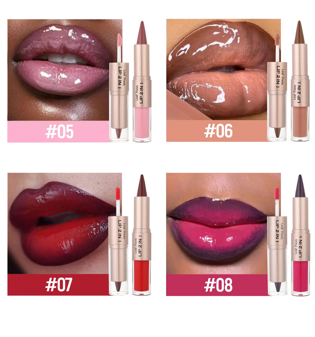 2 IN 1 Nude Brown Pink Mirror Lip Gloss Tapered Gradient Lipliner Contour Pencil Matte Lip Liner Waterproof Sexy Lipstick Makeup