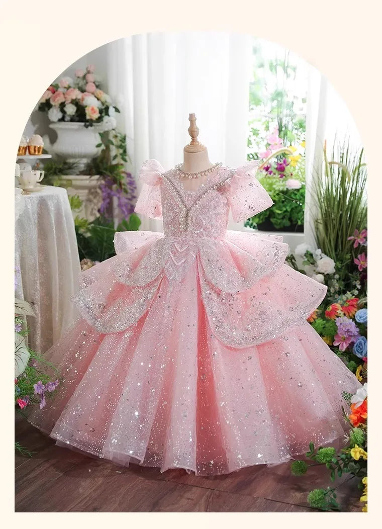 2025 Pink Girls Princess Dress Clothes Birthday Party Pageant Gown Kids Piano Recital Performance Clothes Children Summer Outfit