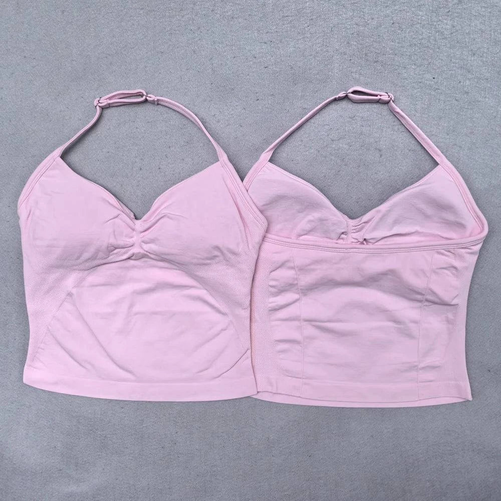 Women's LYNHURD! backless halter yoga top with high waist seamless shorts in a fitness gym suit for workouts.