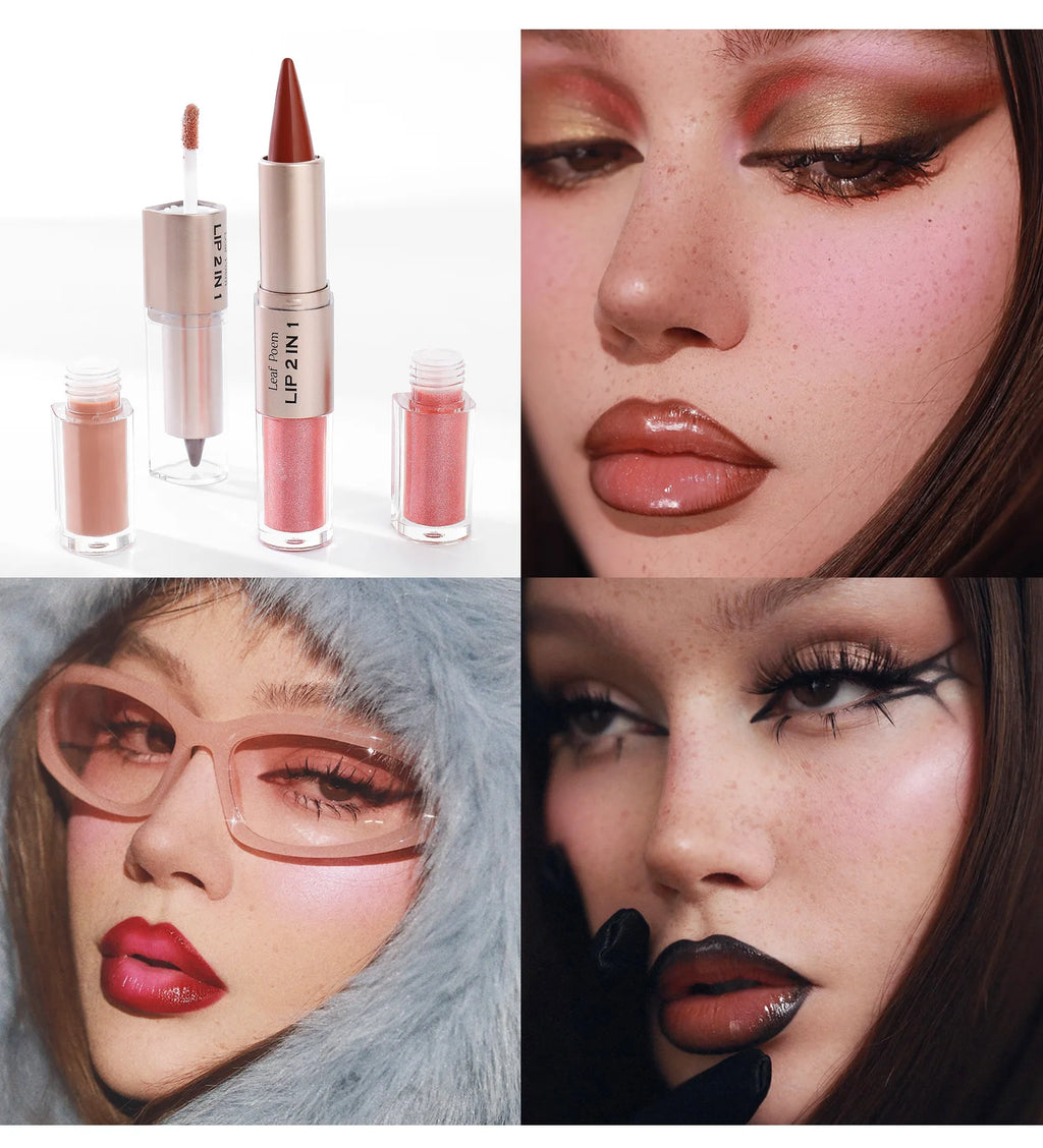 2 IN 1 Nude Brown Pink Mirror Lip Gloss Tapered Gradient Lipliner Contour Pencil Matte Lip Liner Waterproof Sexy Lipstick Makeup