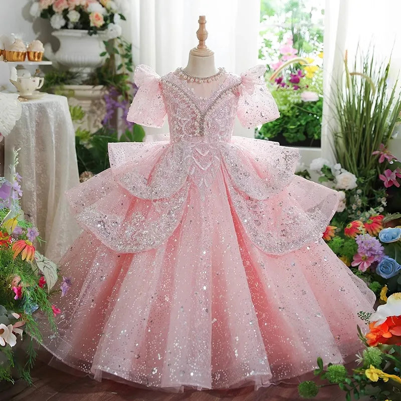 2025 Pink Girls Princess Dress Clothes Birthday Party Pageant Gown Kids Piano Recital Performance Clothes Children Summer Outfit