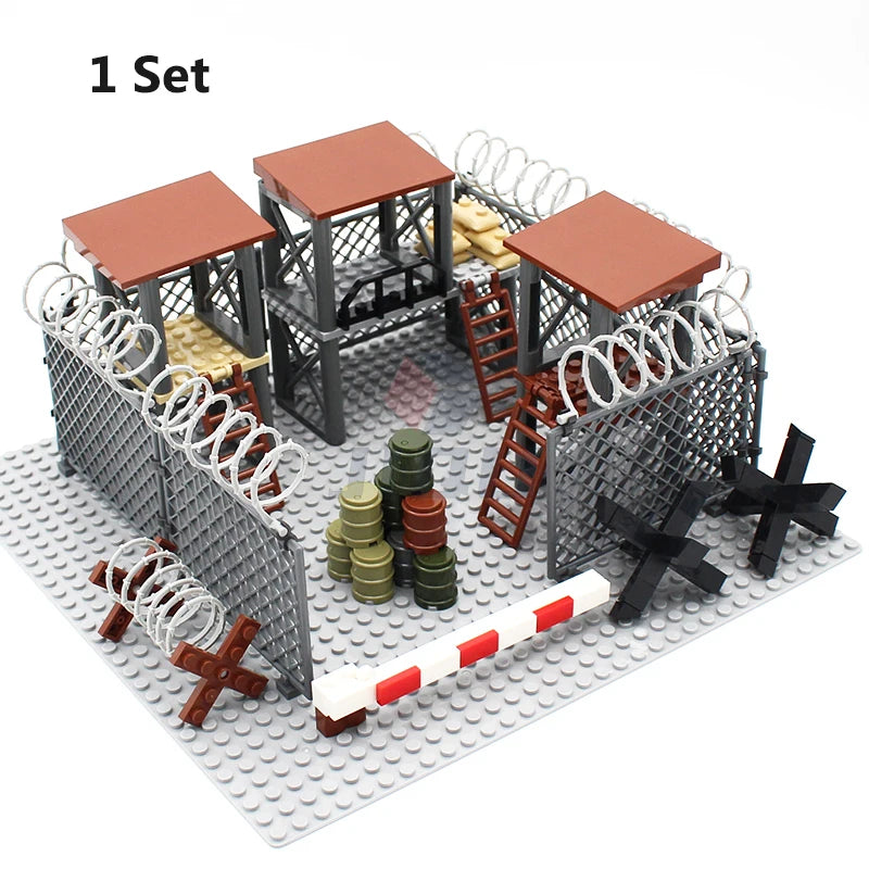 WW2 Military Base Soldiers Army Figures Weapon Accessories Building Block Guns Barbed Wire Sandbags PUBG Sence Series MOC Bricks