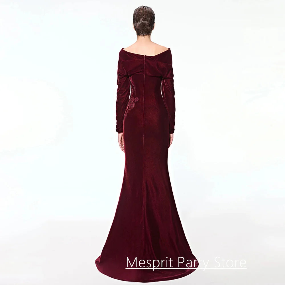 Burgundy Prom Dress Customized Boat Neck Long Sleeves Beading Sequined Sweep Train Velour Mermaid Evening Gown Party Dresses