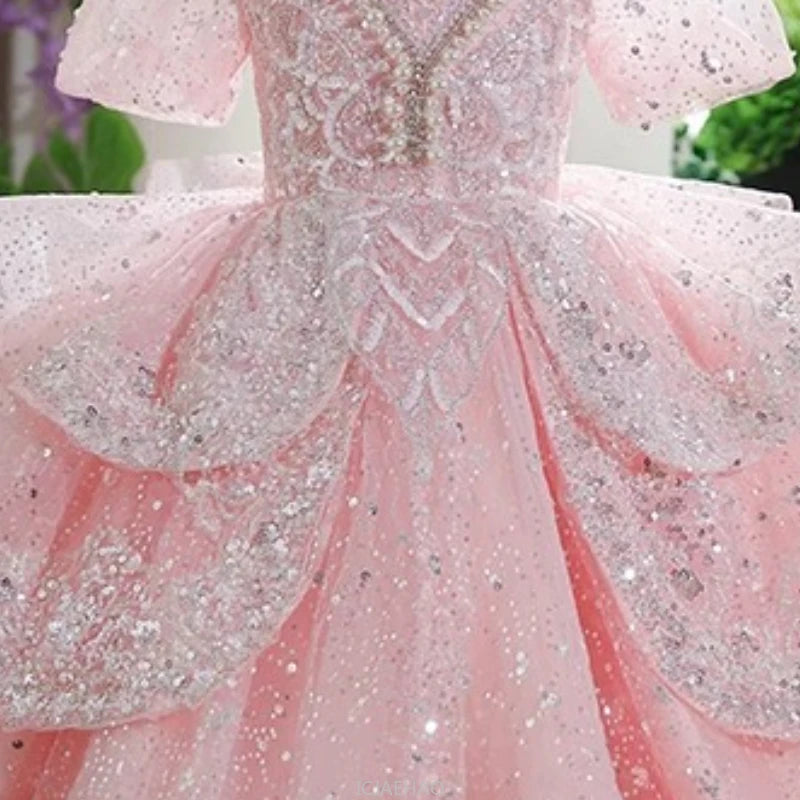 2025 Pink Girls Princess Dress Clothes Birthday Party Pageant Gown Kids Piano Recital Performance Clothes Children Summer Outfit