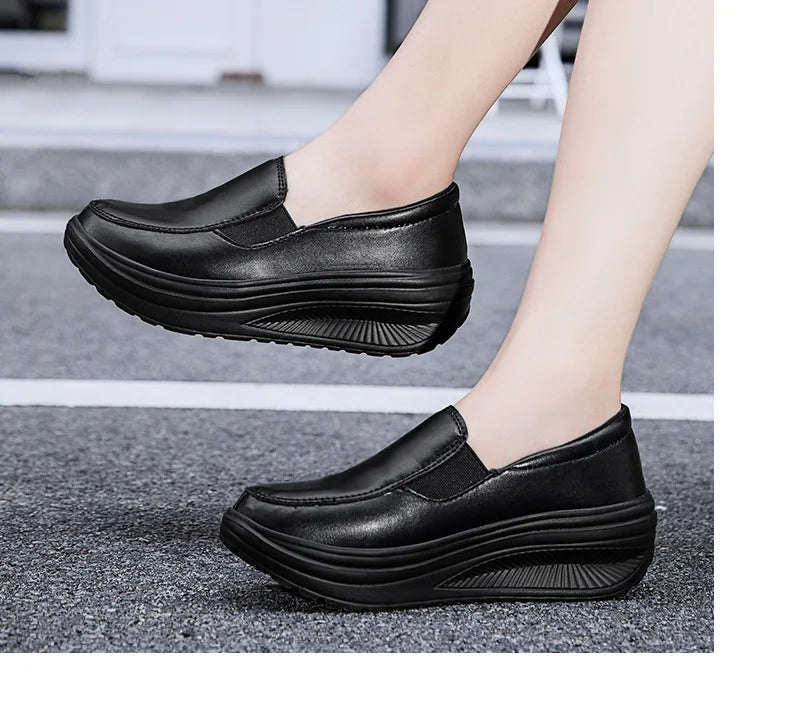 2026 Women's Shoes Spring Genuine Leather Soft Outsole Work Shoes Female Black Swing Woman Plus Size Wedges Single