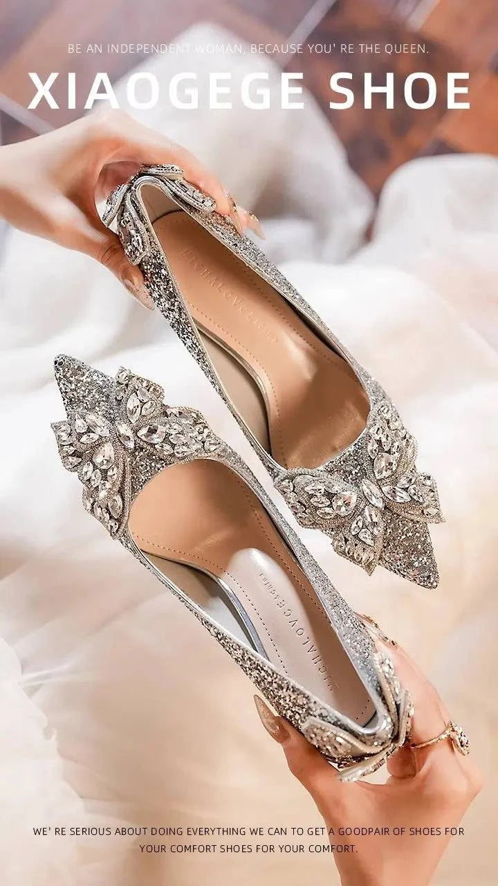 LYNHURD silver high heels with crystal bow, pointed toe design, elegant women's casual pumps for stylish occasions.