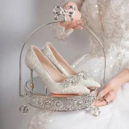 2024 LYNHURD women's wedding shoes, pointed toe high heels with crystal detailing and rubber sole, perfect for parties.