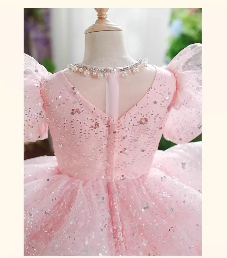 2025 Pink Girls Princess Dress Clothes Birthday Party Pageant Gown Kids Piano Recital Performance Clothes Children Summer Outfit