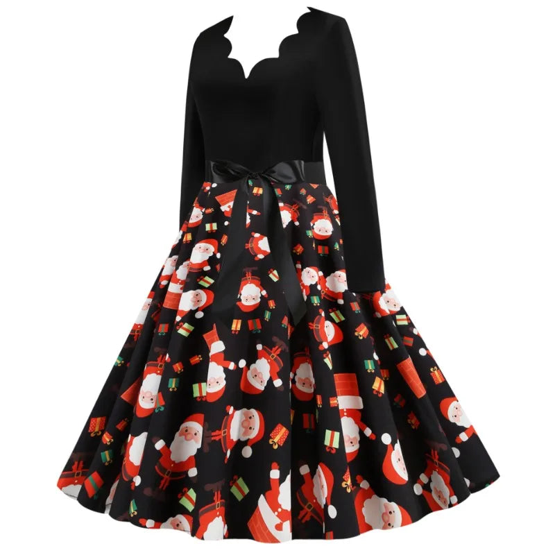 2025 New Vintage Women Long Sleeve Winter Dresses Retro Sexy Black Music Note Print V-neck Rockabilly Pin Up Party Dress Vestido