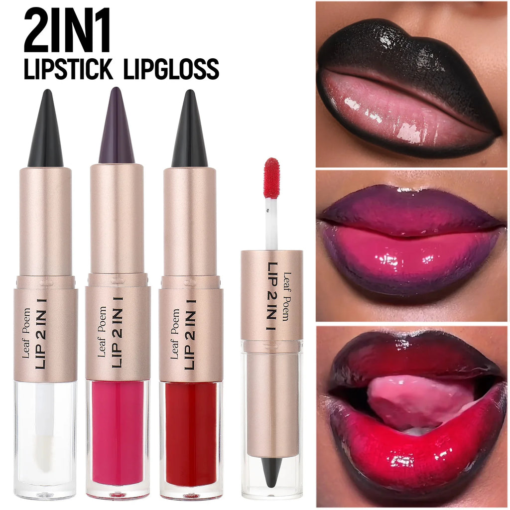 2 IN 1 Nude Brown Pink Mirror Lip Gloss Tapered Gradient Lipliner Contour Pencil Matte Lip Liner Waterproof Sexy Lipstick Makeup