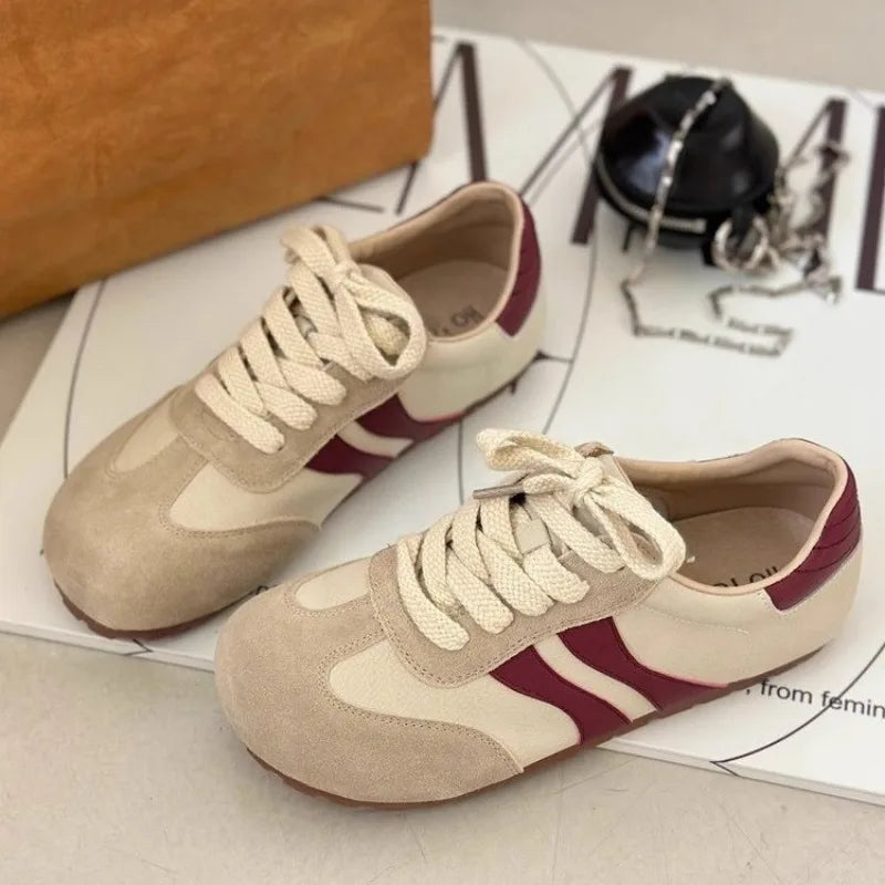 Women's Single Shoes Spring New Frosted Matching Color Laceup Sports Shoes Casual Comfortable Non-slip Wear-resistant Flat Shoes