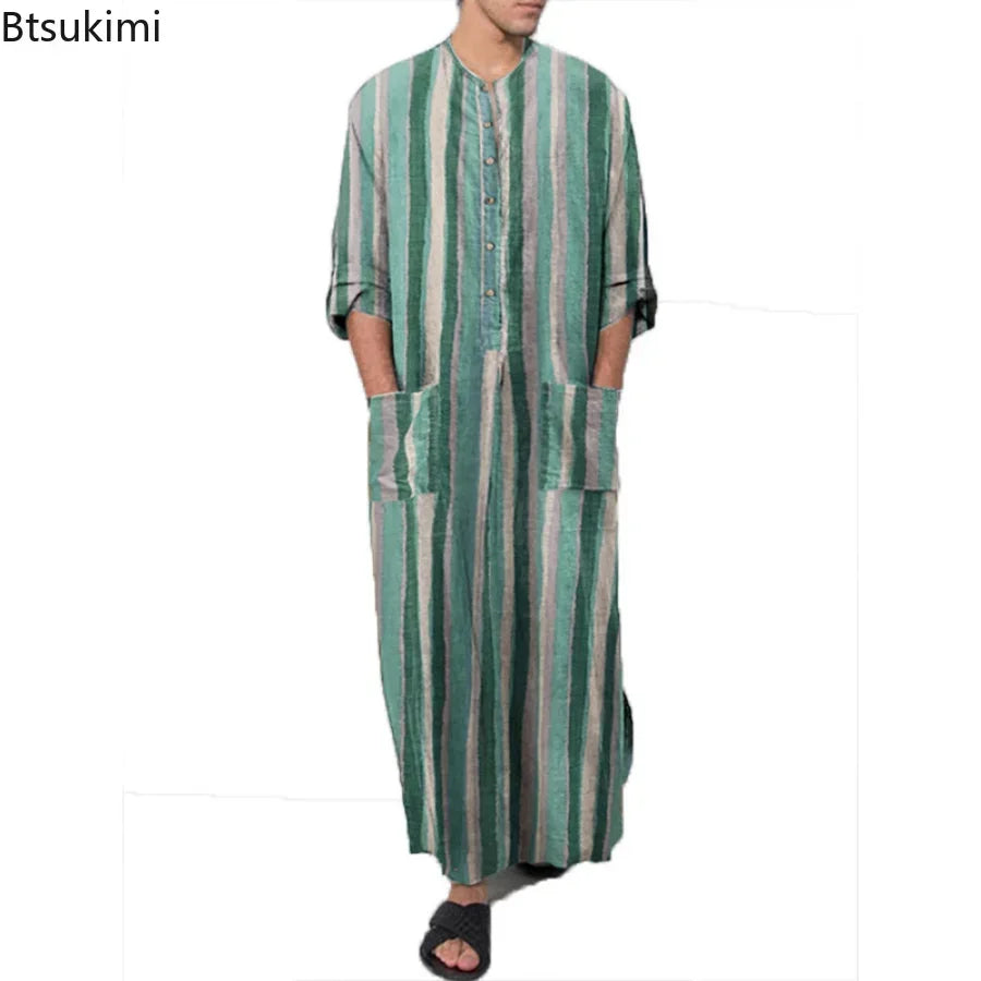 2026 Men's Muslim Clothing Abayas Cotton Linen Nightgowns Bathrobe Robe Kaftan Holiday Beach Robe Man Muslim Kaftan Arabic Dress