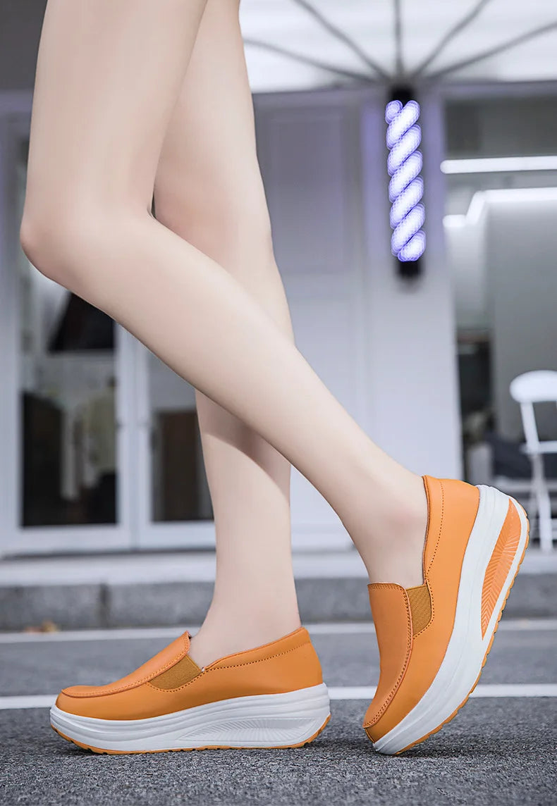 2026 Women's Shoes Spring Genuine Leather Soft Outsole Work Shoes Female Black Swing Woman Plus Size Wedges Single