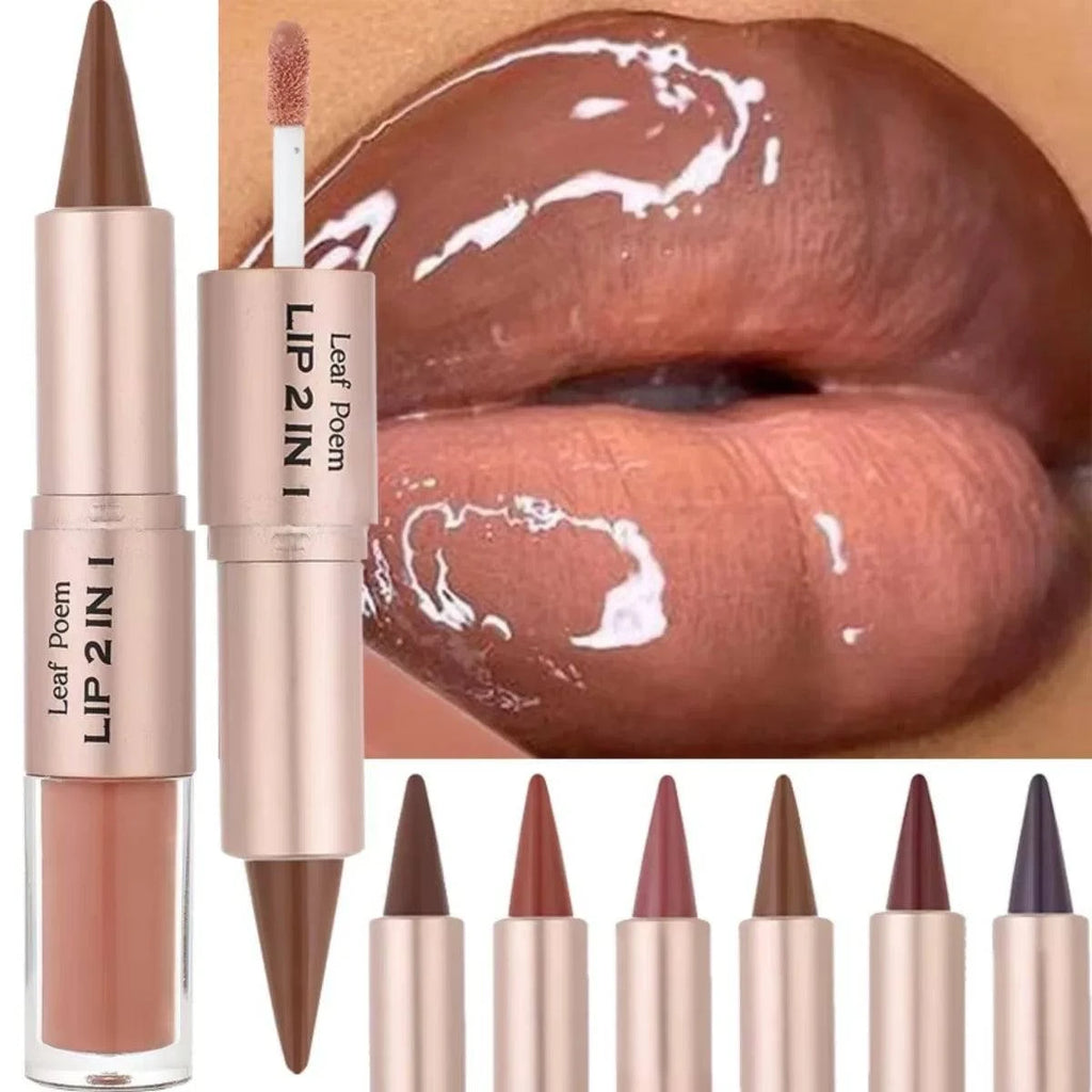 LYNHURD! 2IN1 tapered lipliner pen in nude brown with mirror glass gloss, showcasing waterproof matte lip contour design.
