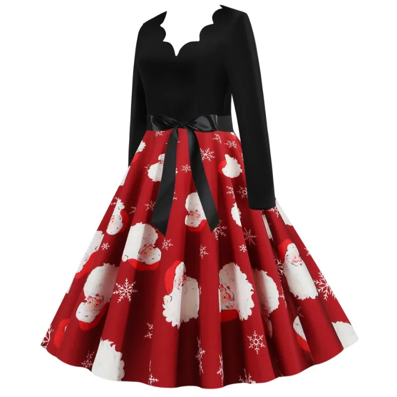 2025 New Vintage Women Long Sleeve Winter Dresses Retro Sexy Black Music Note Print V-neck Rockabilly Pin Up Party Dress Vestido