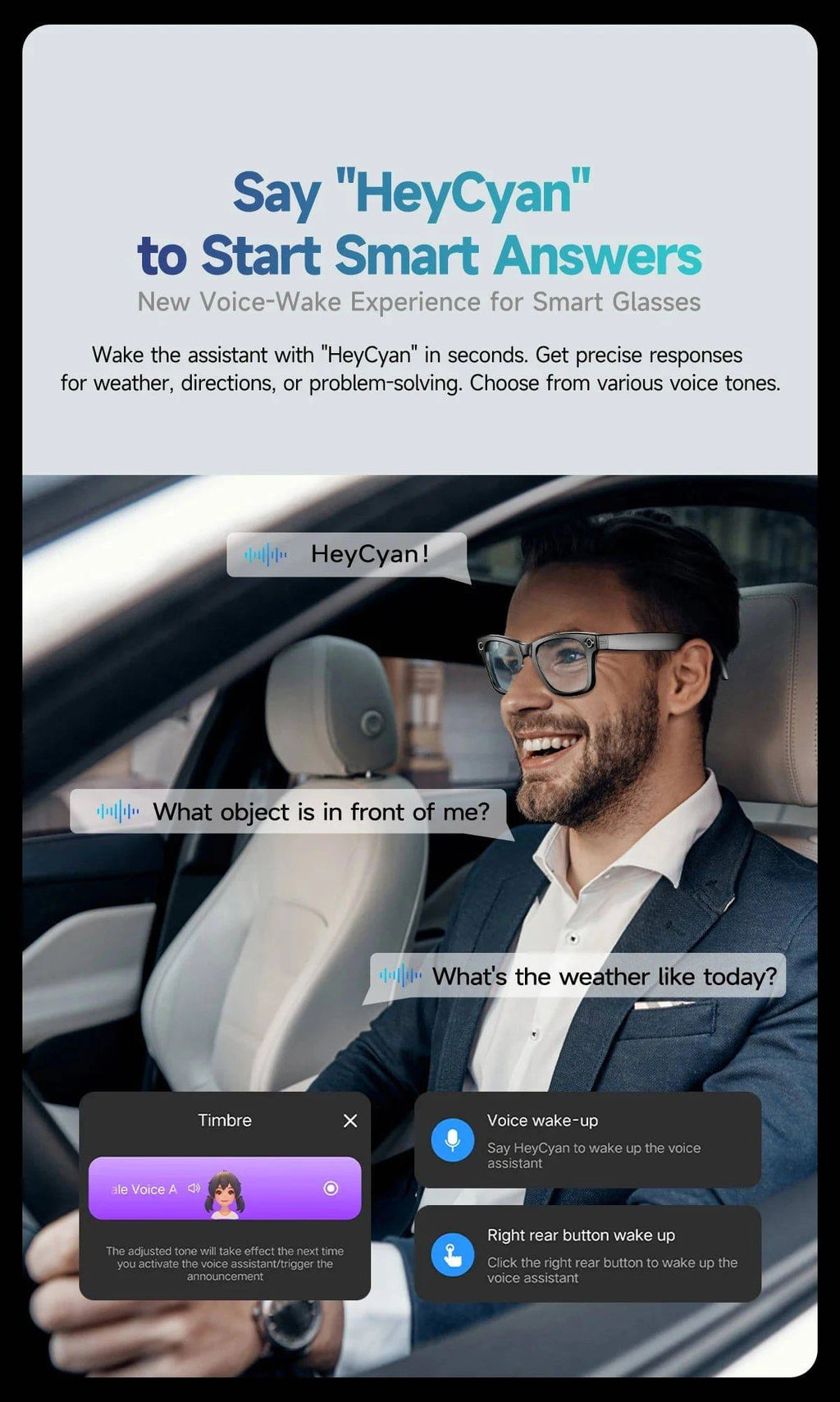 LYNHURD smart glasses with Bluetooth, camera, and AI photo recognition features for men and women.