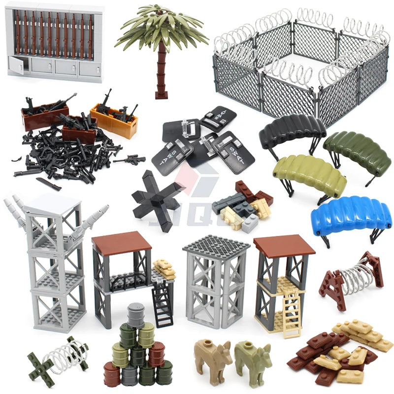 WW2 Military Base Soldiers Army Figures Weapon Accessories Building Block Guns Barbed Wire Sandbags PUBG Sence Series MOC Bricks