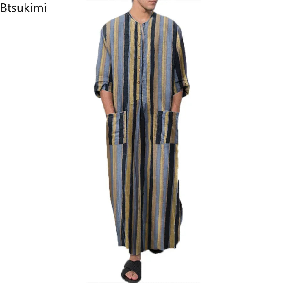 2026 Men's Muslim Clothing Abayas Cotton Linen Nightgowns Bathrobe Robe Kaftan Holiday Beach Robe Man Muslim Kaftan Arabic Dress