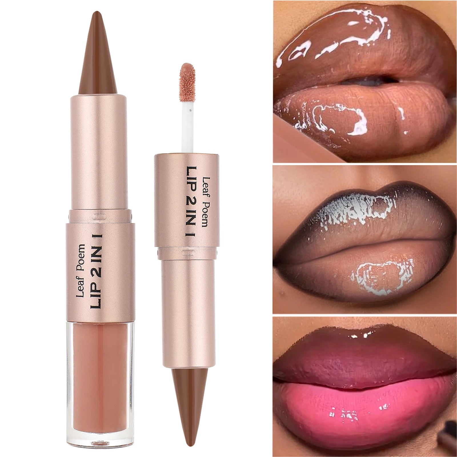 2 IN 1 Nude Brown Pink Mirror Lip Gloss Tapered Gradient Lipliner Contour Pencil Matte Lip Liner Waterproof Sexy Lipstick Makeup