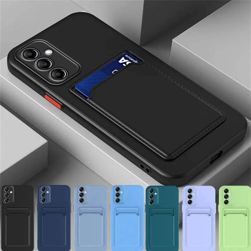 Silicone card holder phone case for Samsung Galaxy models, featuring a shockproof design by LYNHURD!.