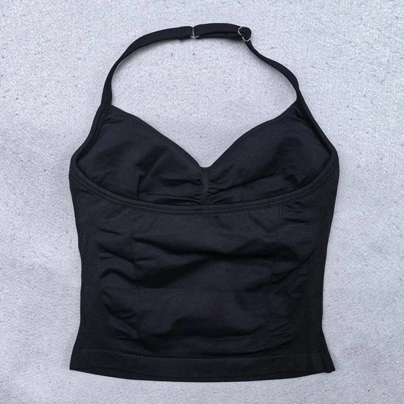 Backless halter tops and high-waist seamless shorts from LYNHURD! in a women's yoga set for fitness and gym workouts.
