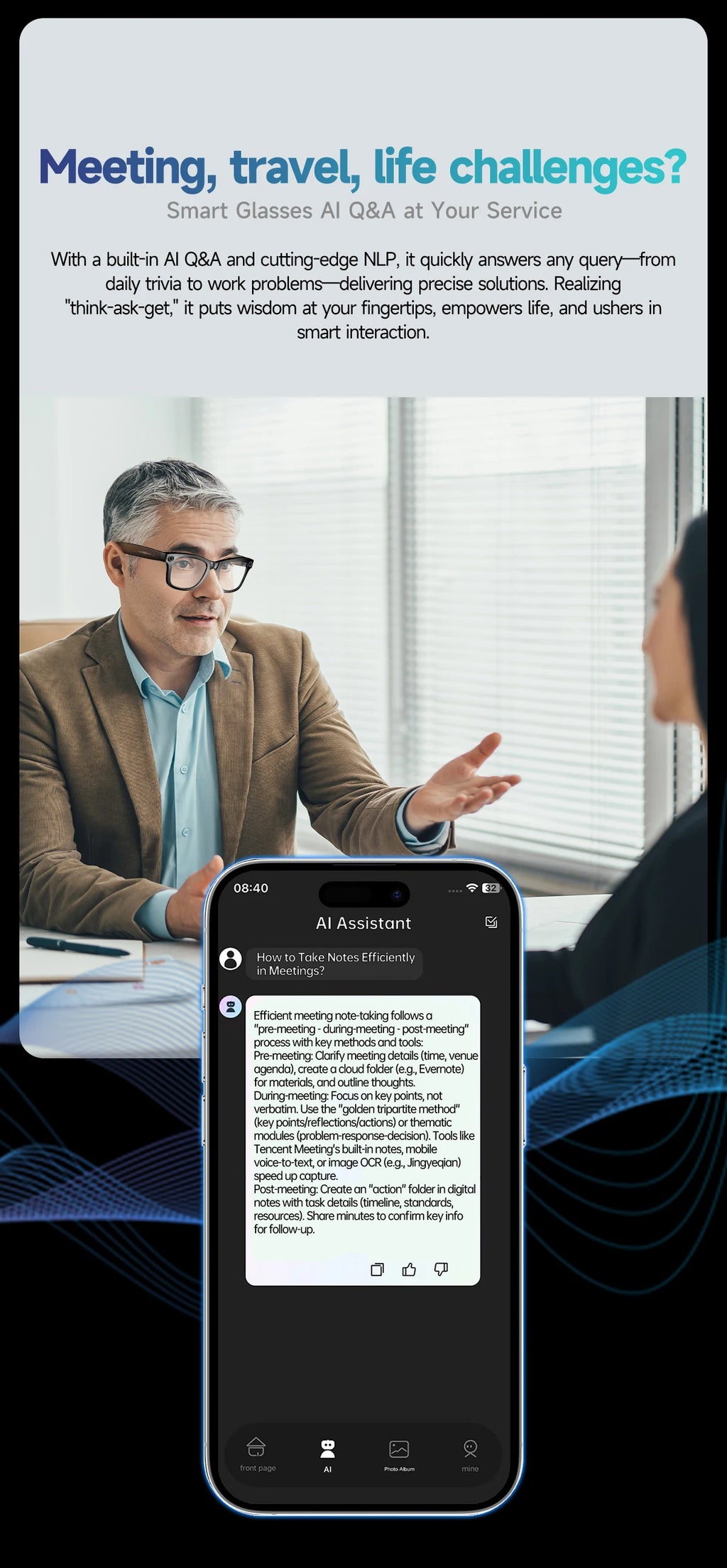 LYNHURD smart glasses for men and women with 8MP camera, Bluetooth, touch control, and IP65 waterproof design.