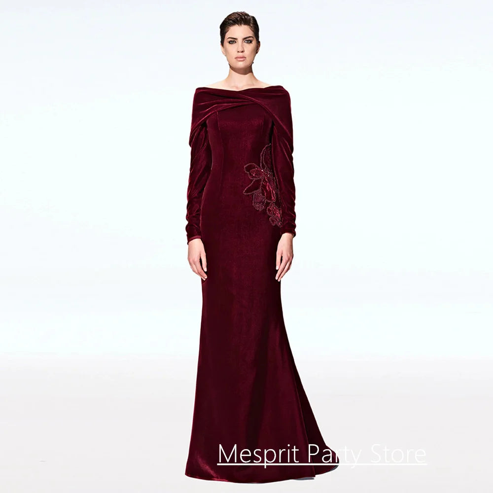 Burgundy Prom Dress Customized Boat Neck Long Sleeves Beading Sequined Sweep Train Velour Mermaid Evening Gown Party Dresses