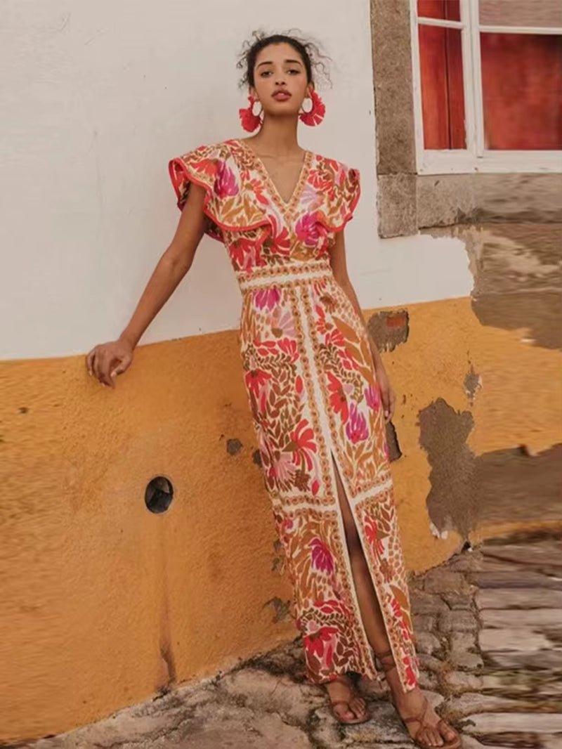 2025 LYNHURD! women's backless print dress with V neck, butterfly sleeves, and a stylish split detail.